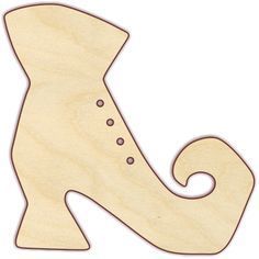 a wooden cutout of a shoe with holes in the heel and two small dots on the sole