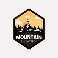 a mountain logo with trees and clouds in the background on a light gray background that says mountain slogan here