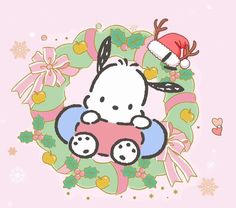 a hello kitty christmas card with a bunny driving a car