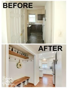 before and after pictures of a kitchen remodel with white walls, wood flooring and open shelving