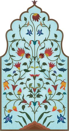 an intricately designed glass panel with flowers and leaves on blue, green, red, orange and yellow colors