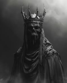 a black and white photo of a statue wearing a crown