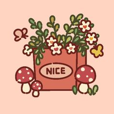 an illustration of a bag with flowers and mushrooms on the side, which says nice