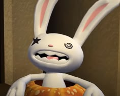 an animated rabbit holding a donut with its mouth open and eyes wide open, standing in front of a door