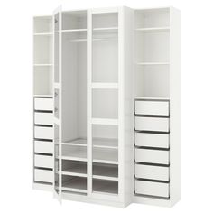 an open white closet with drawers and shelves on the bottom shelf, isolated against a white background