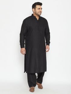 Vastramay Mens Plus Size Black Cotton Blend Pathani Set Casual Black Festive Kurta, Black Semi-formal Kurta For Winter, Black Semi-formal Winter Kurta, Black Long Sleeve Winter Kurta, Black Straight Kurta For Casual Wear, Casual Black Straight Kurta, Black Straight Kurta For Winter, Full Sleeve Top, Black Bottom