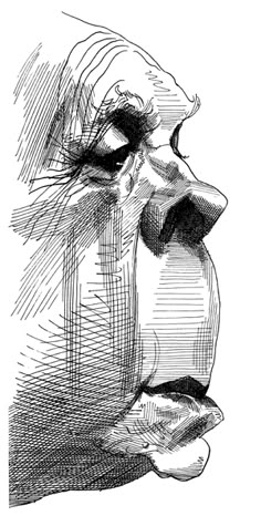 an ink drawing of a lion's head with its mouth open and tongue out