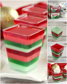 red, green and white jello cups on a plate with candy bars in the background