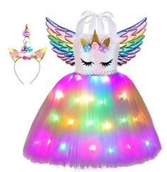 PRICES MAY VARY. Girls Unicorn Costume:Unicorn dress is very popular element fancy costume, Coupled with the design of rainbow LED lights,Set up excellent unicorn costumes for unicorn lovers, and your kids will be the best part of this amazing unicorn costume! Includes: 1 Unicorn rainbow LED light up dress+ 1 LED Light Up headband+1 Unicorn wings.(NOTE: Wings withnot lights,unicorn dress is not included battery,please purchase 3 x AAA batteries by yourself) Feels Soft: Made of superior quality p Girls Unicorn Costume, Light Up Tutu, Girl Unicorn Costume, Halloween Tutu Dress, Colorful Wings, Halloween Led Lights, Unicorn Wings, Birthday Party Outfit, Baby Costumes Girl