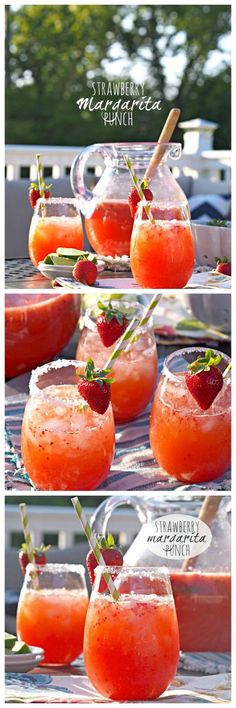 strawberry lemonade punch in glasses with strawberries and garnish on the rim