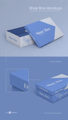 the shoe box mockup is shown in three different colors and sizes, including blue