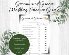 the groom and groom's wedding shower game is shown with greenery around it