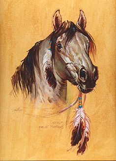 a painting of a horse with feathers on it's head