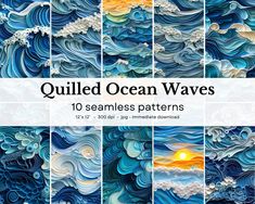 quilted ocean waves 10 seamless patterns in blue, yellow and white with the sun setting