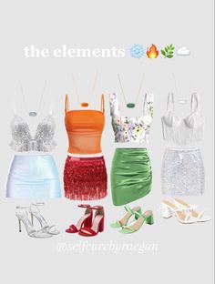 four different types of dresses and shoes with the words, the elements on top of them