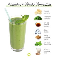 a green smoothie in a tall glass with ingredients to make it look like a smoothie