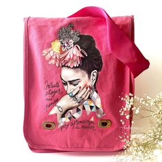 Trendy Frida Kahlo pink soft cotton canvas shoulder or crossbody bag with adjustable strap. Cute, colorful, original fashion accessory for women and girls. Frida floral illustration and famous artist quote. Trendy Shoulder Bag With Adjustable Strap For Gift, Canvas Satchel Bag As Gift, Summer School Canvas Bag With Adjustable Strap, Trendy Cotton Backpack, Trendy Cotton Crossbody Shoulder Bag, Cotton Crossbody Satchel For School, Trendy Satchel With Adjustable Strap As Gift, Trendy Canvas Bag With Adjustable Strap, Pink Cotton Bag With Adjustable Strap