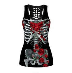 Gothic Punk Black Floral Print Sleeveless Cut Out Tank Top Skeleton Rose, Punk Tank Top, Sleeveless Shirt Women, 3d Skeleton, Gothic Tops, Yoga Tank Top, Yoga Tank, Yoga Tank Tops, Top Shirt Women