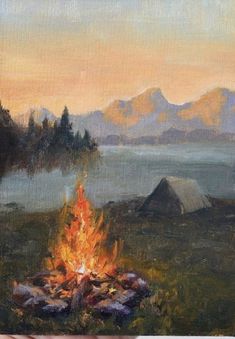 a painting of a campfire with mountains in the background