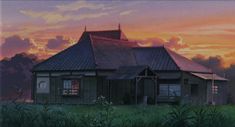 a painting of a house in the middle of a field at sunset with clouds above it