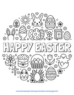 the word happy easter surrounded by doodles and other symbols in black and white