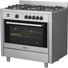 an oven with two burners on the front and one door open to show it's cooking area