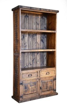 RUSTIC BOOKCASE WITH 2 DRW/DOORS - The Rustic Mile Western Living Room, Rustic Bookshelf, Rustic Accessories, Rustic Bookcase, Wood Hinges, Rustic Office, Solid Wood Desk, Wood Bookcase, Dark Wax