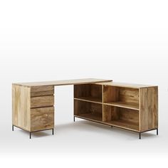 the desk is made out of wood and has metal legs on one side, and an open drawer on the other