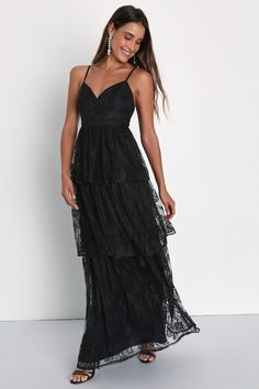 Black Lace Dress - Tiered Maxi Dress - Sleeveless Maxi Dress - Lulus Sleeveless Scalloped Lace Maxi Dress For Party, Sleeveless Maxi Dress With Scalloped Lace For Party, Black Sleeveless Maxi Dress With Lace Back, Black Sleeveless Maxi Dress With Lace Bodice, Sleeveless Lace Maxi Dress With Lace Bodice, Lace Bodice Sleeveless Maxi Dress, Sleeveless Scalloped Lace Dress For Date Night, Sleeveless Lace Back Dress, Sleeveless Lace Dress With Lace Back