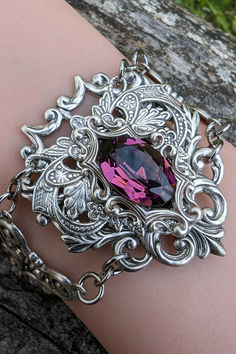 Gothic Sterling Silver Amethyst Fantasy Bracelet made with Swarovski crystal, Vintage Jewelry, Gothic Jewelry, purple crystal bracelet Fantasy Bracelet, Fantasy Look, Jewelry Gothic, Gothic Necklace, Dragon Jewelry, Amethyst Bracelet, Bracelet Vintage, Fantasy Jewelry, Affordable Jewelry