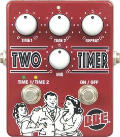 the two timer guitar pedal is red with white knobs