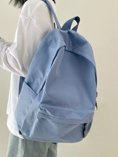 Blue Fashionable   Nylon Plain Classic Backpack    Women Bags Light Blue School Bag, Blue School Bags, Blue Backpack For School, Blue Backpack Aesthetic, Blue School Bag, Light Blue Backpack, Plain Backpack, Blue Backpacks, Backpacking Outfits