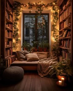 a room filled with lots of books, plants and lights on the windows sill