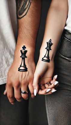 Crown Couple Tattoos King Queen, Chess Piece Queen Tattoo, Snakes And Ladders Tattoo, Chess King And Queen Tattoo, Chess Pieces Tattoo Design, Queen Symbol Tattoo, King Queen Chess Piece Tattoo, King Chess Piece Tattoo Design, King And Queen Tattoo For Couples