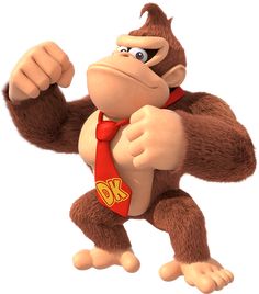 a cartoon monkey wearing a red tie and holding his fist up in the air with both hands