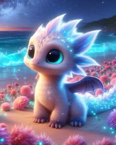 a cute little white dragon sitting on top of a beach next to the ocean at night