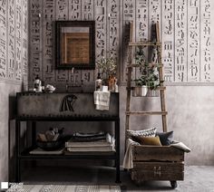 a room with an old wooden ladder and wallpaper