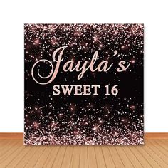 a black and pink glitter sweet 16 birthday card with the words, jayla's sweet 16 on it