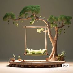 a swing bed with trees on the sides and plants growing from it, in front of a grey background