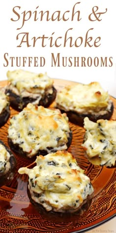 spinach and artichoke stuffed mushrooms on an orange plate with text overlay