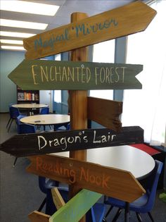 several wooden signs pointing in different directions at an office desk with tables and chairs around them