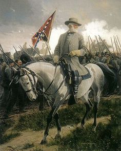 a painting of a man on a white horse with other men in uniform behind him