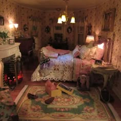 a bed room with a neatly made bed next to a fireplace