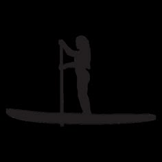 a woman standing on top of a surfboard with a pole in her hand and holding the paddle