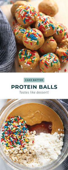 an image of protein balls in a bowl with peanut butter and sprinkles