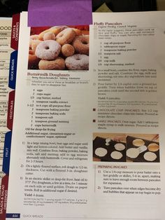 a recipe book with doughnuts on it and instructions for making them in the background