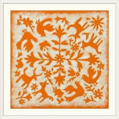 an orange and white artwork piece with birds, flowers, and leaves in the center