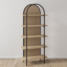 a tall bookcase with four shelves on one side and three open shelves on the other