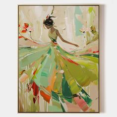 an abstract painting of a woman in a green dress with flowers on her head and hands behind her back