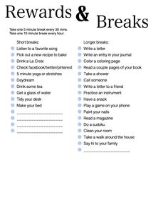 the reward and breaks checklist is shown in this printable version, which includes instructions for